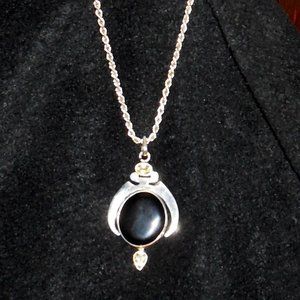 VINTAGE LARGE  SILVER & BLACK ONYX  PENDANT with AMETHYST and CITRINE
